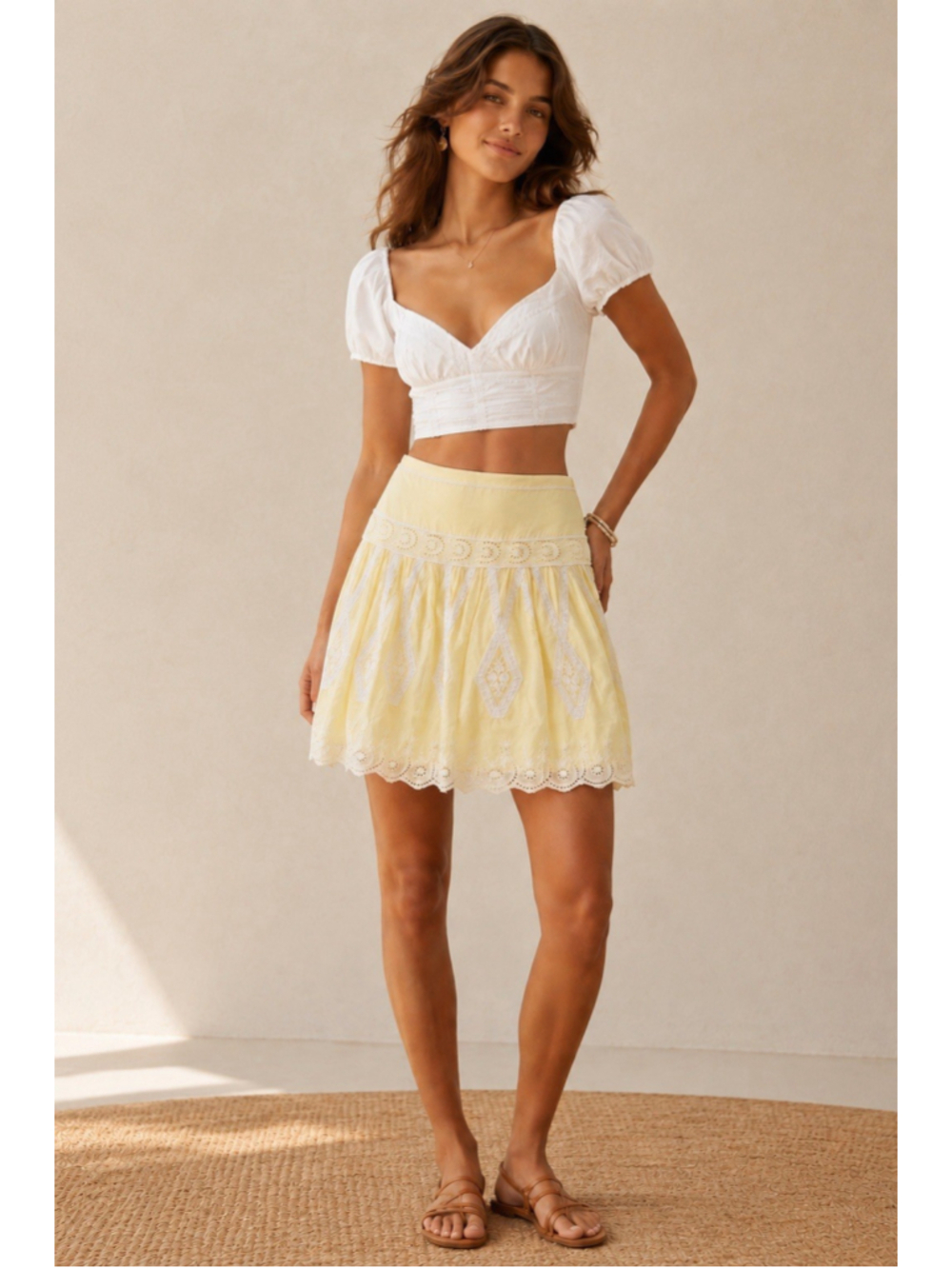 Lithe Anthropologie Yellow Eyelet Embroidered Mini Gauzy Skirt 6 Boho Garden